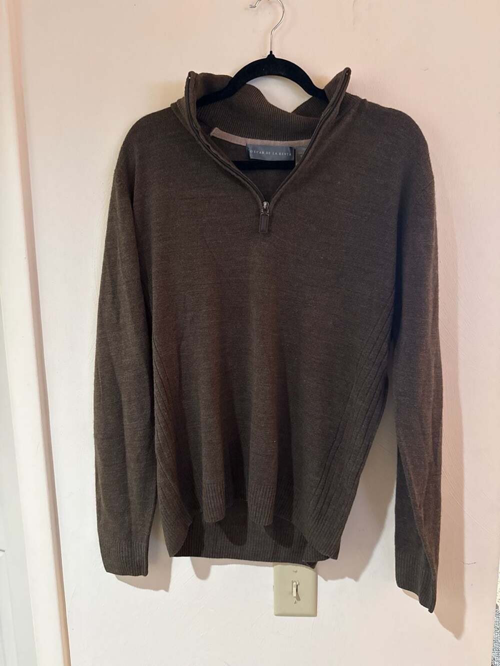 Oscar de la Renta Mens L Quarter Zip Sweater Brown Mock Neck Fall 2012